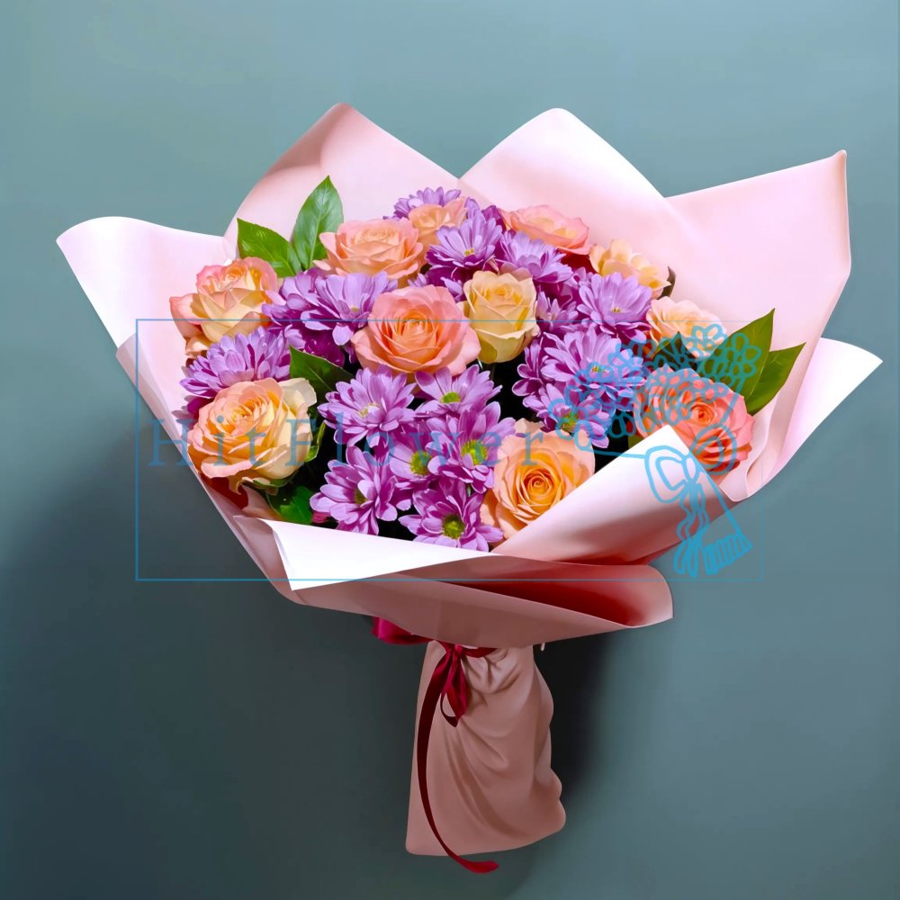 Букет цветов из: Хризантемы и Розы